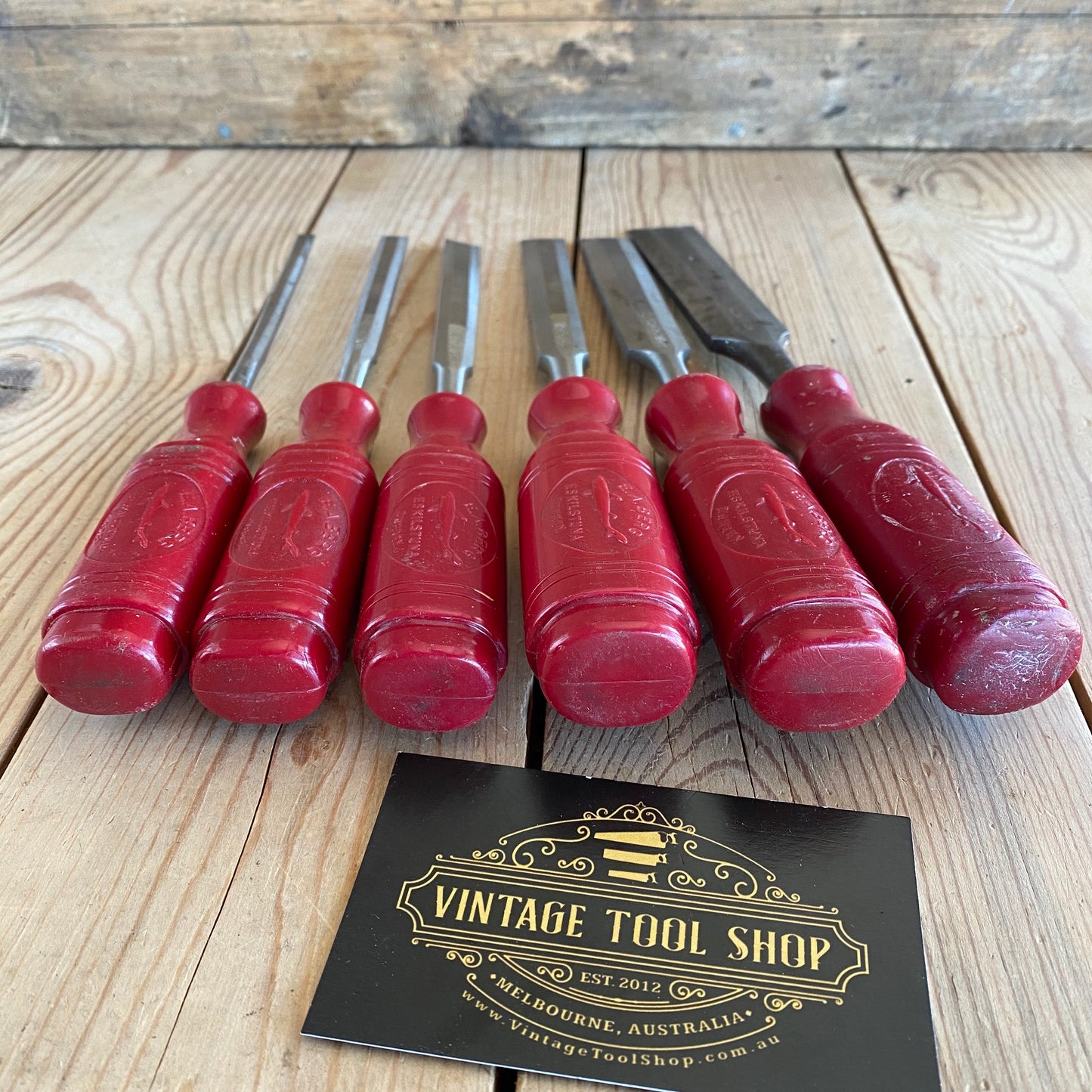 SOLD Vintage set of 6 SWEDISH E.A. BERG red resin handle BEVEL CHISELS T10020