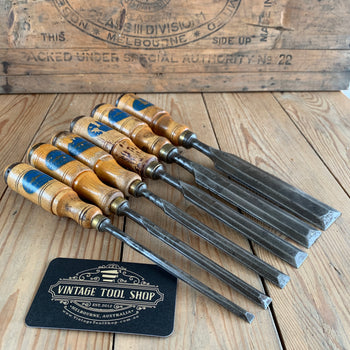 SOLD T9727 Vintage set of 6 E.A. BERG Sweden wooden handle socketed BEVEL CHISELS