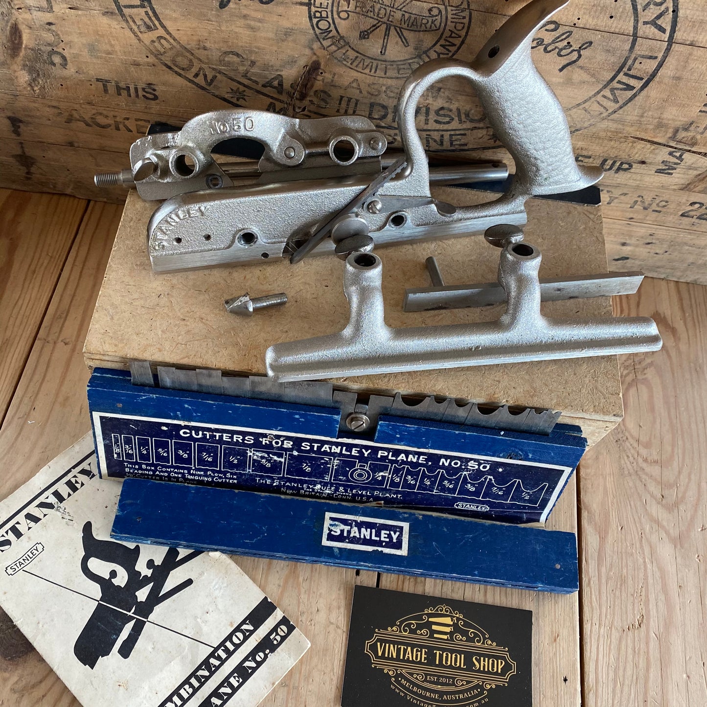 SOLD Vintage STANLEY USA No.50 plough PLANE and 17 cutters T7819