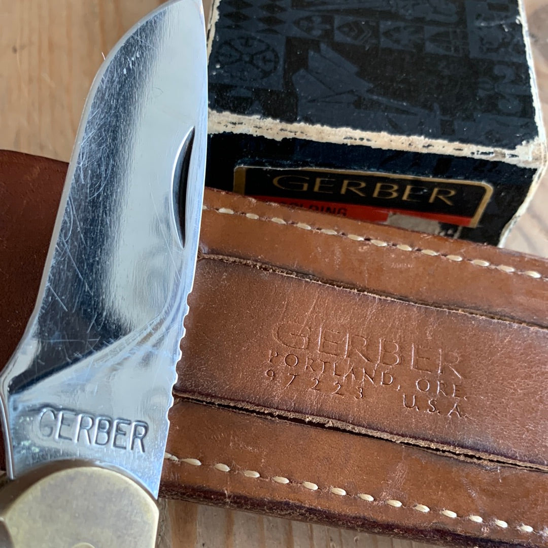 SOLD K18 Vintage GERBER USA folding MAGNUM HUNTER KNIFE with sharpening stone IOB