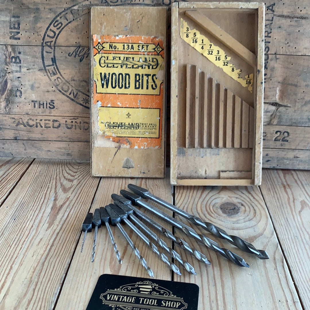 SOLD Vintage CLEVELAND USA made BOXED Set of 9 x Wood drill BITS T8972
