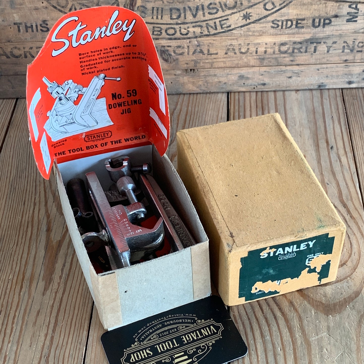 SOLD T9612 Vintage STANLEY USA No.59 Dowelling JIG with instructions & display box IOB