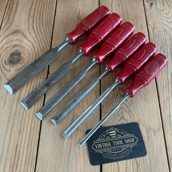 SOLD T9863 Vintage set of 6 + 1 SWEDISH E.A. BERG red resin handle BEVEL CHISELS