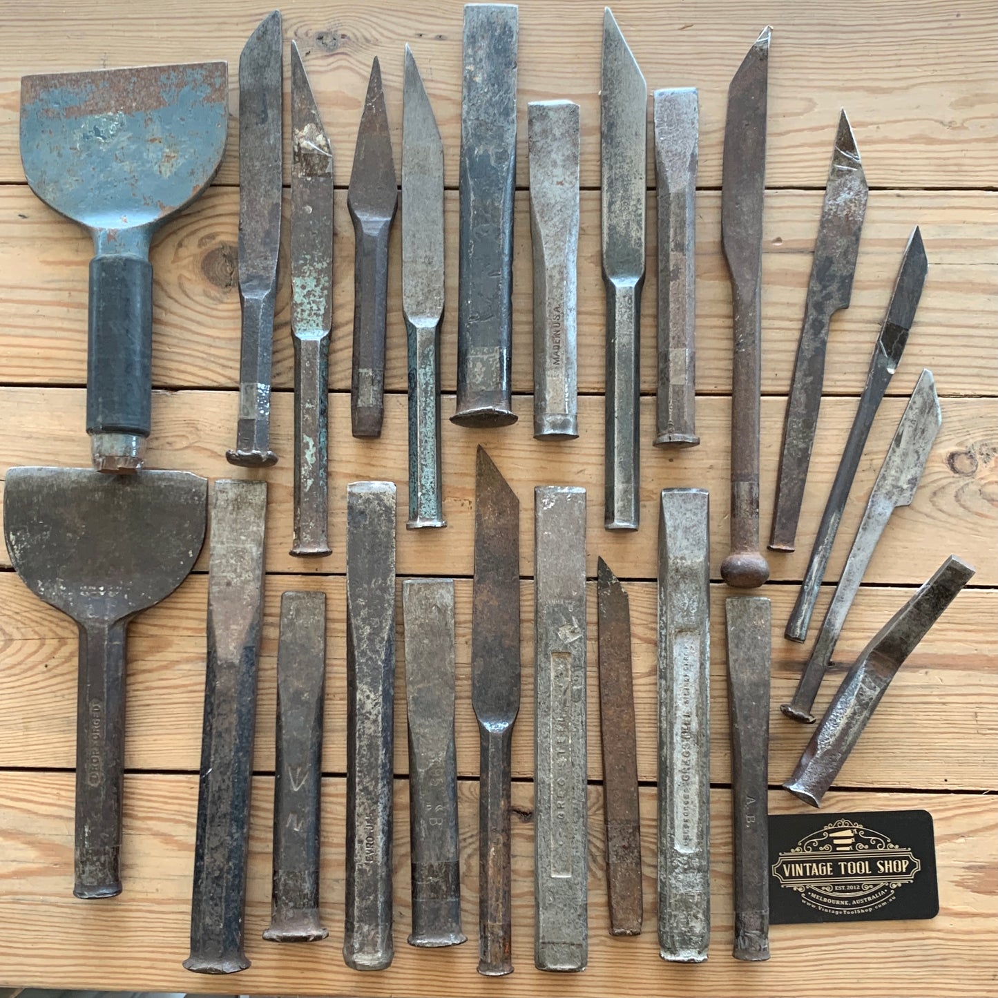 Vintage COLD CHISELS, stonemasons chisels, plugging chisels & BOLSTERS
