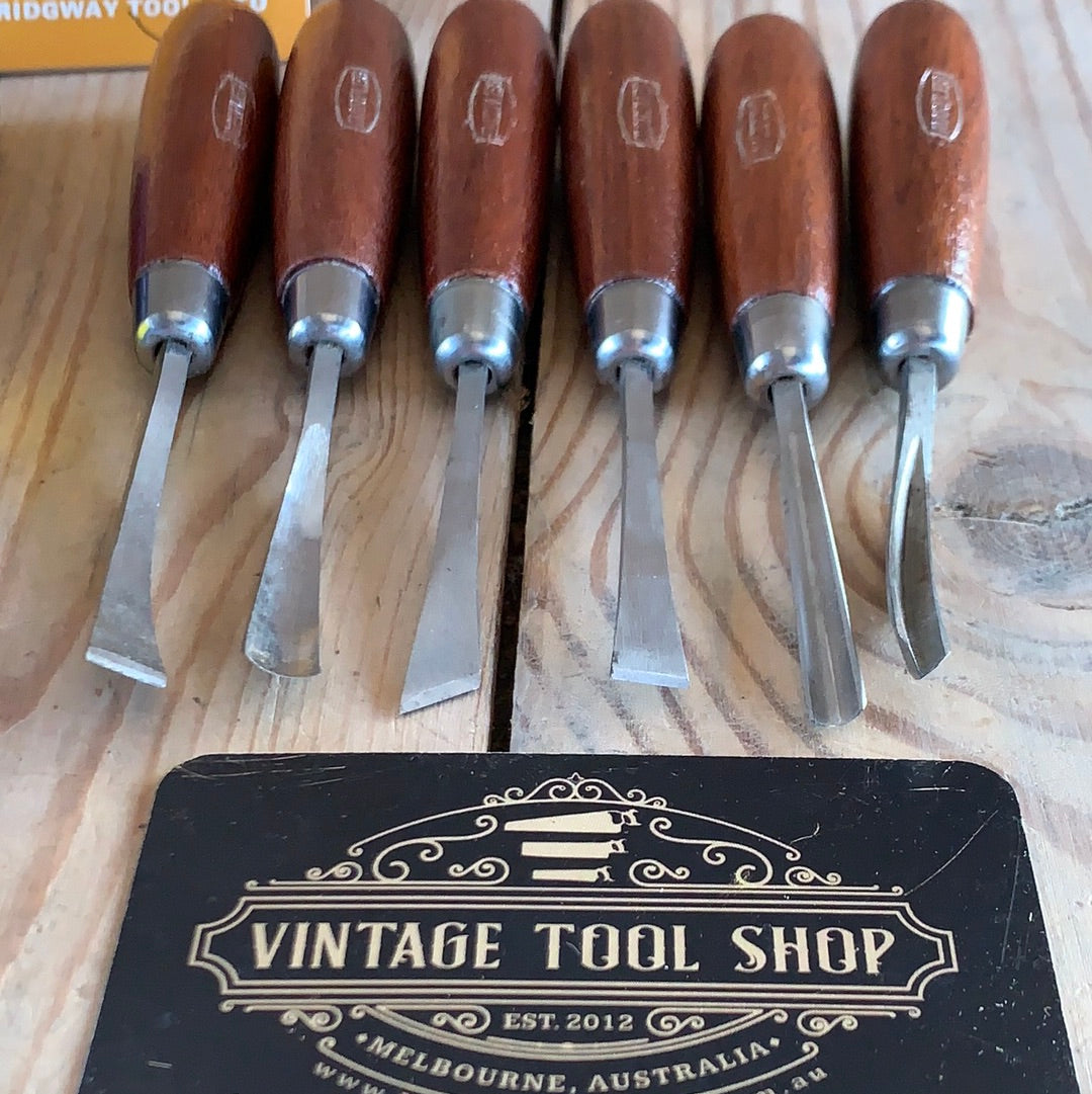 SOLD T9413 Vintage set of 6 MARPLES England Carving CHISELS No.153 in original box with instructions