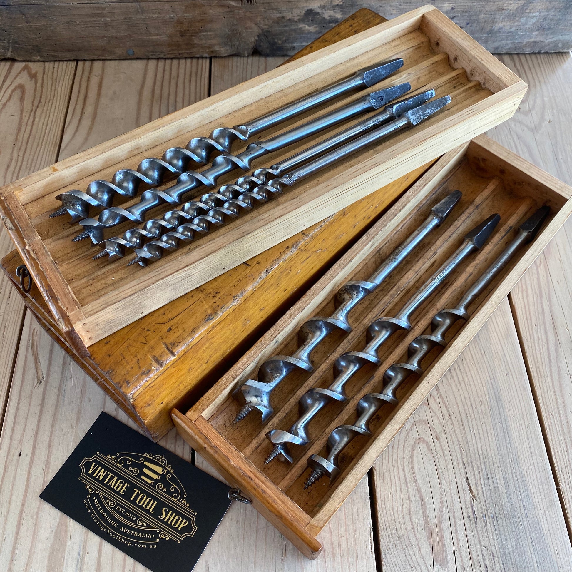 SOLD Vintage set of AUGER BITS in wooden BOX T1823 – Vintage