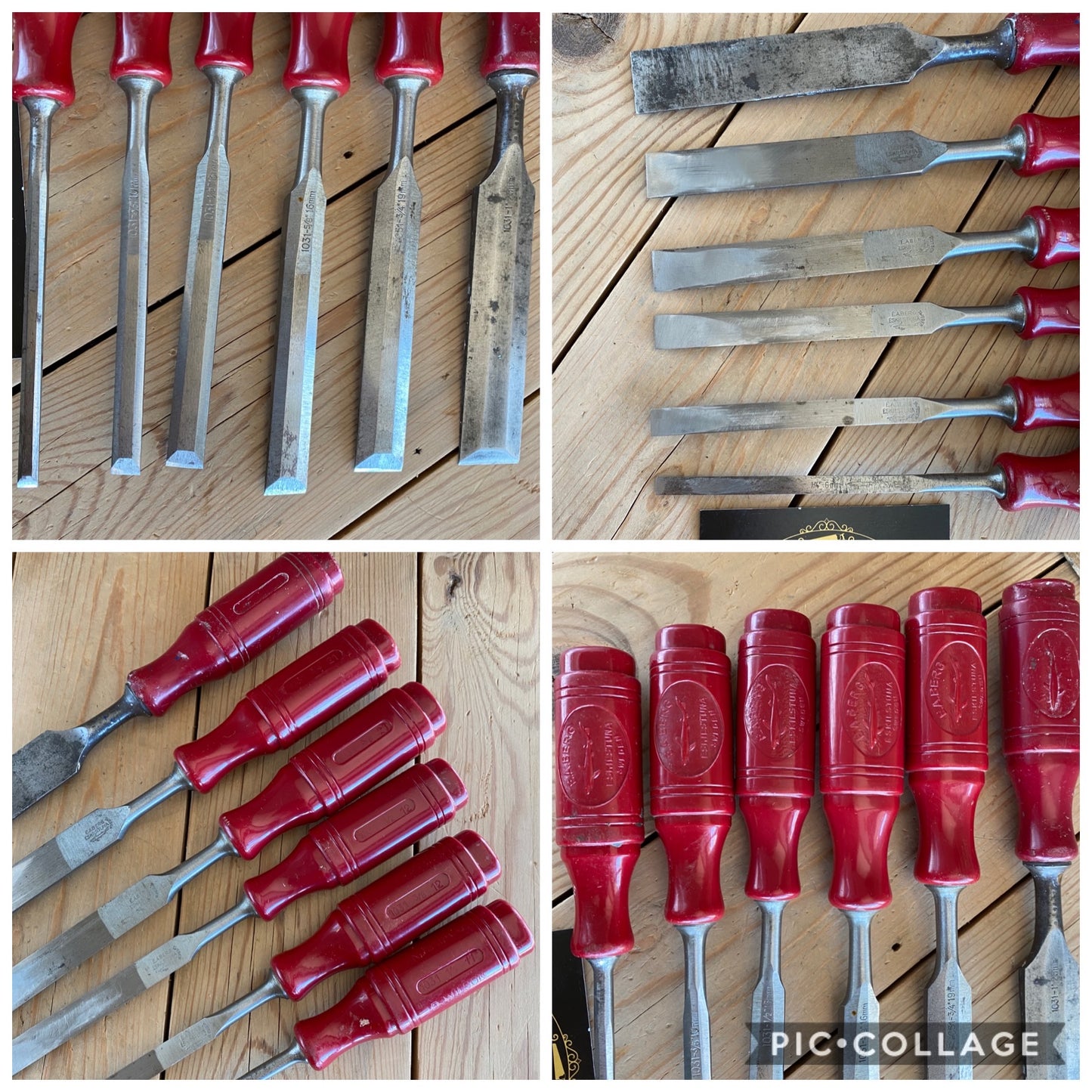 SOLD Vintage set of 6 SWEDISH E.A. BERG red resin handle BEVEL CHISELS T10020