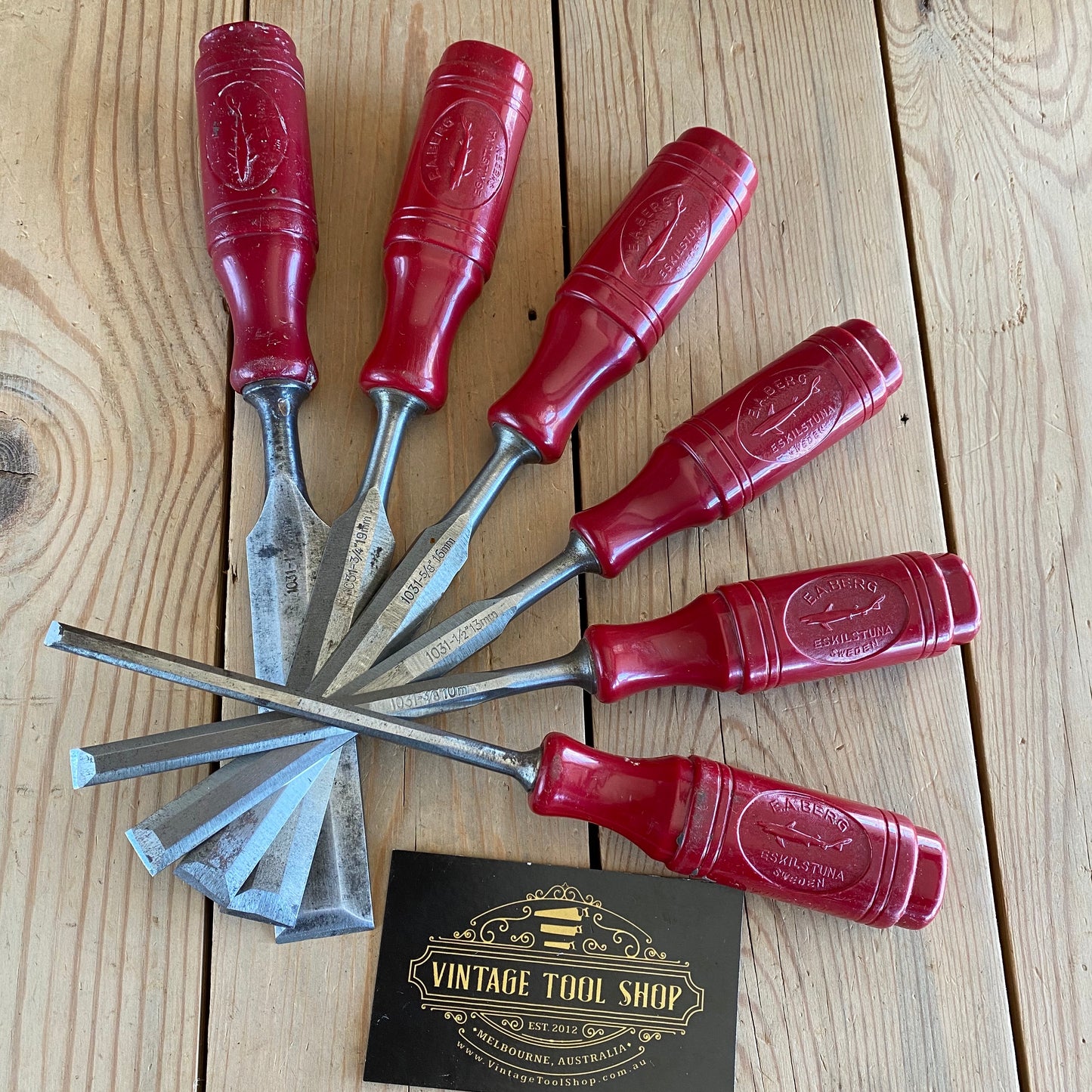 SOLD Vintage set of 6 SWEDISH E.A. BERG red resin handle BEVEL CHISELS T10020