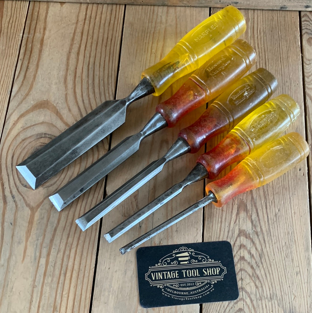 SOLD D770 Vintage MARPLES 5x bevel CHISELS with resin handles