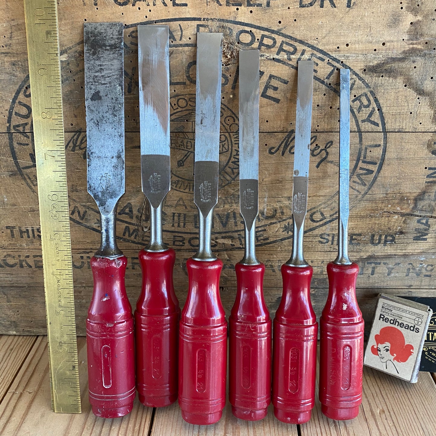 SOLD Vintage set of 6 SWEDISH E.A. BERG red resin handle BEVEL CHISELS T10020