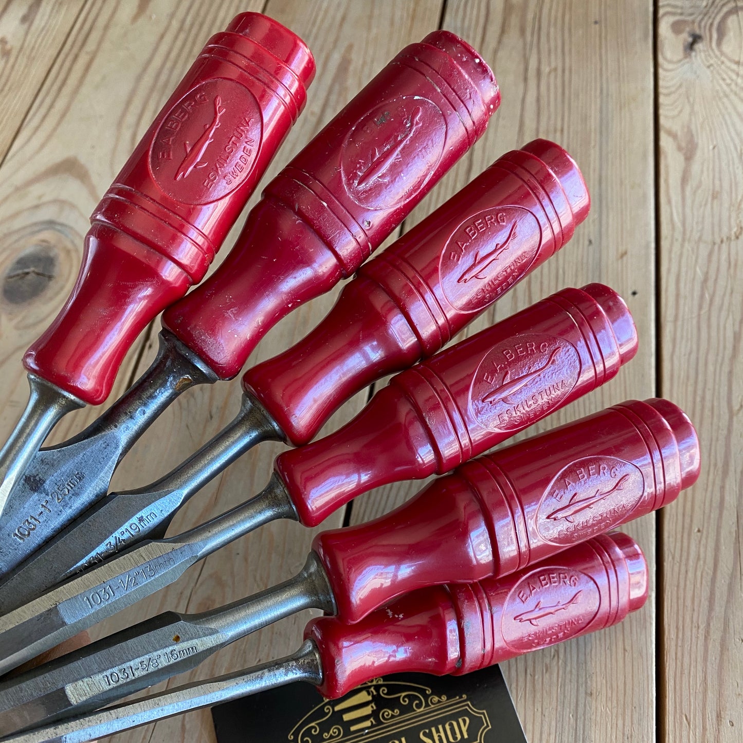 SOLD Vintage set of 6 SWEDISH E.A. BERG red resin handle BEVEL CHISELS T10020