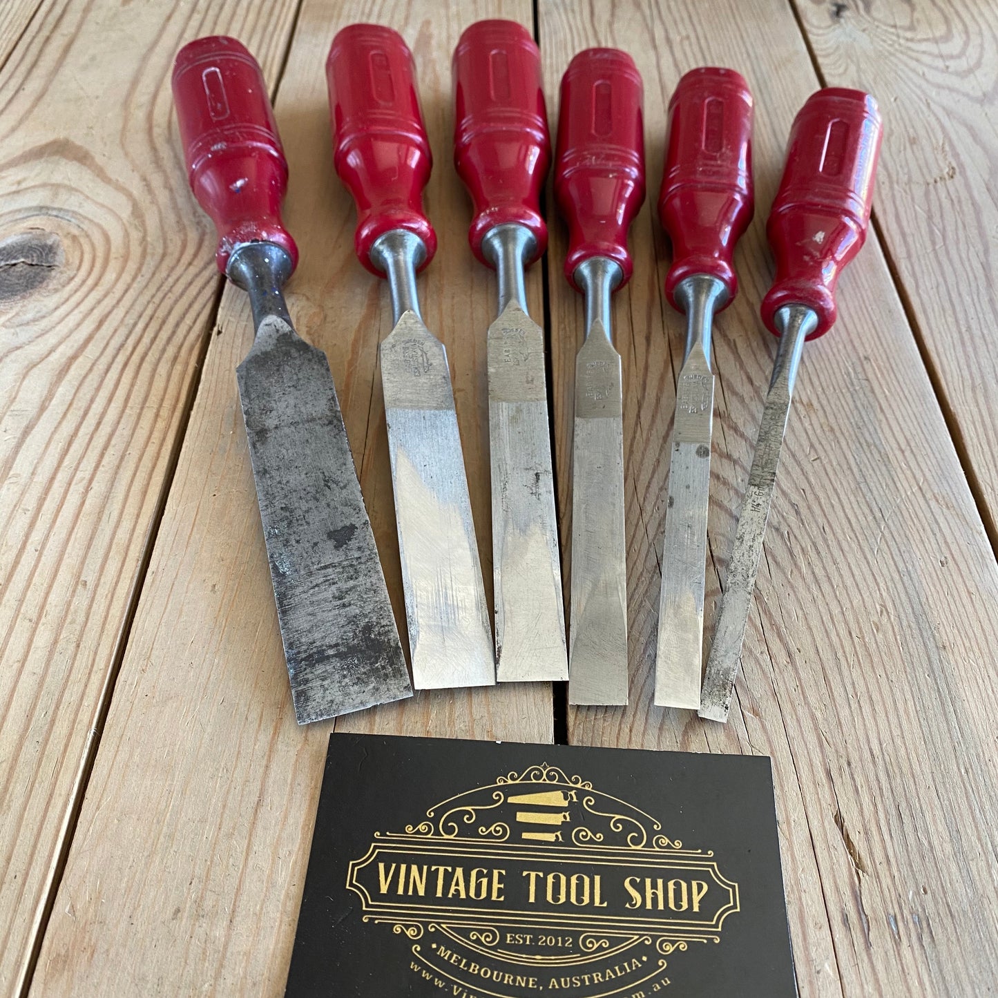 SOLD Vintage set of 6 SWEDISH E.A. BERG red resin handle BEVEL CHISELS T10020