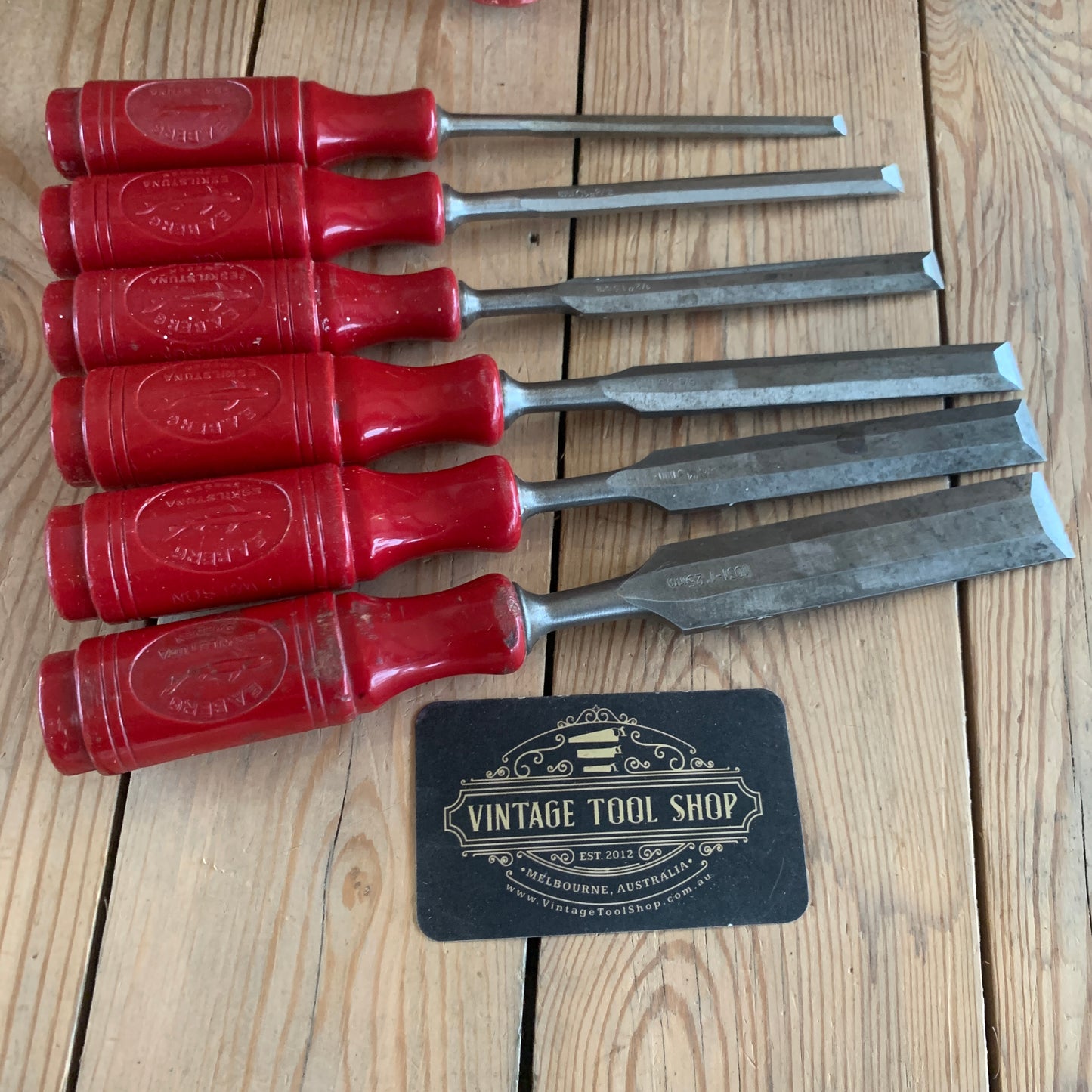 SOLD T9863 Vintage set of 6 + 1 SWEDISH E.A. BERG red resin handle BEVEL CHISELS