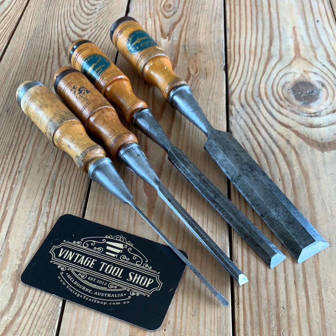 SOLD T9476 Vintage set of 4 SWEDISH (E.A. BERG & Jernbolaget)  wooden handle socketed BEVEL CHISELS