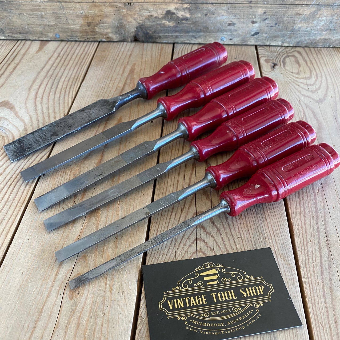 SOLD Vintage set of 6 SWEDISH E.A. BERG red resin handle BEVEL CHISELS T10020